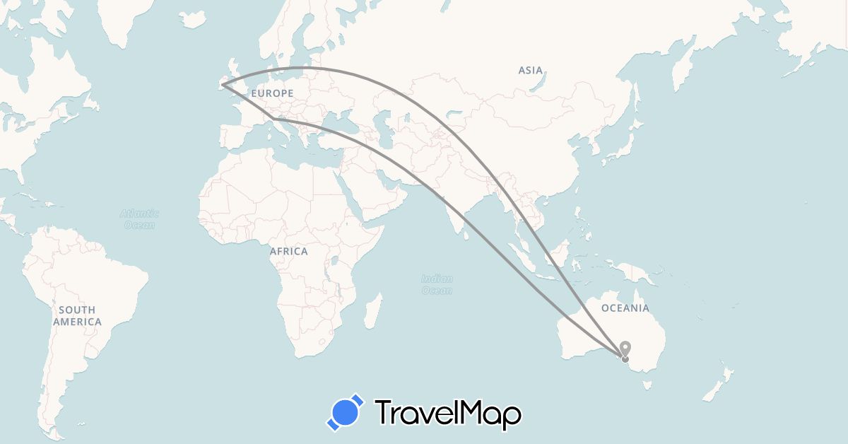 TravelMap itinerary: driving, plane in Australia, France, Ireland, Italy (Europe, Oceania)